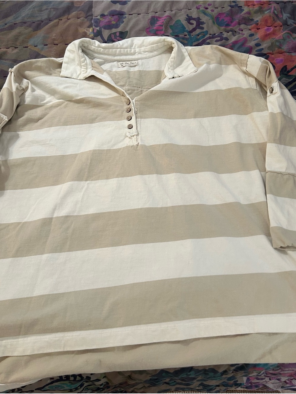 We The Free Women’s Rugby Shirt - Tan and Cream with 3/4 length roll up sleeves